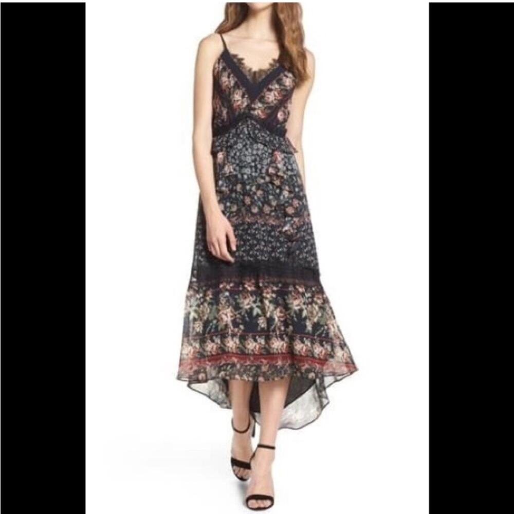 Adelyn Rae Marcella navy black floral high low lace trim midi dress Extra Small